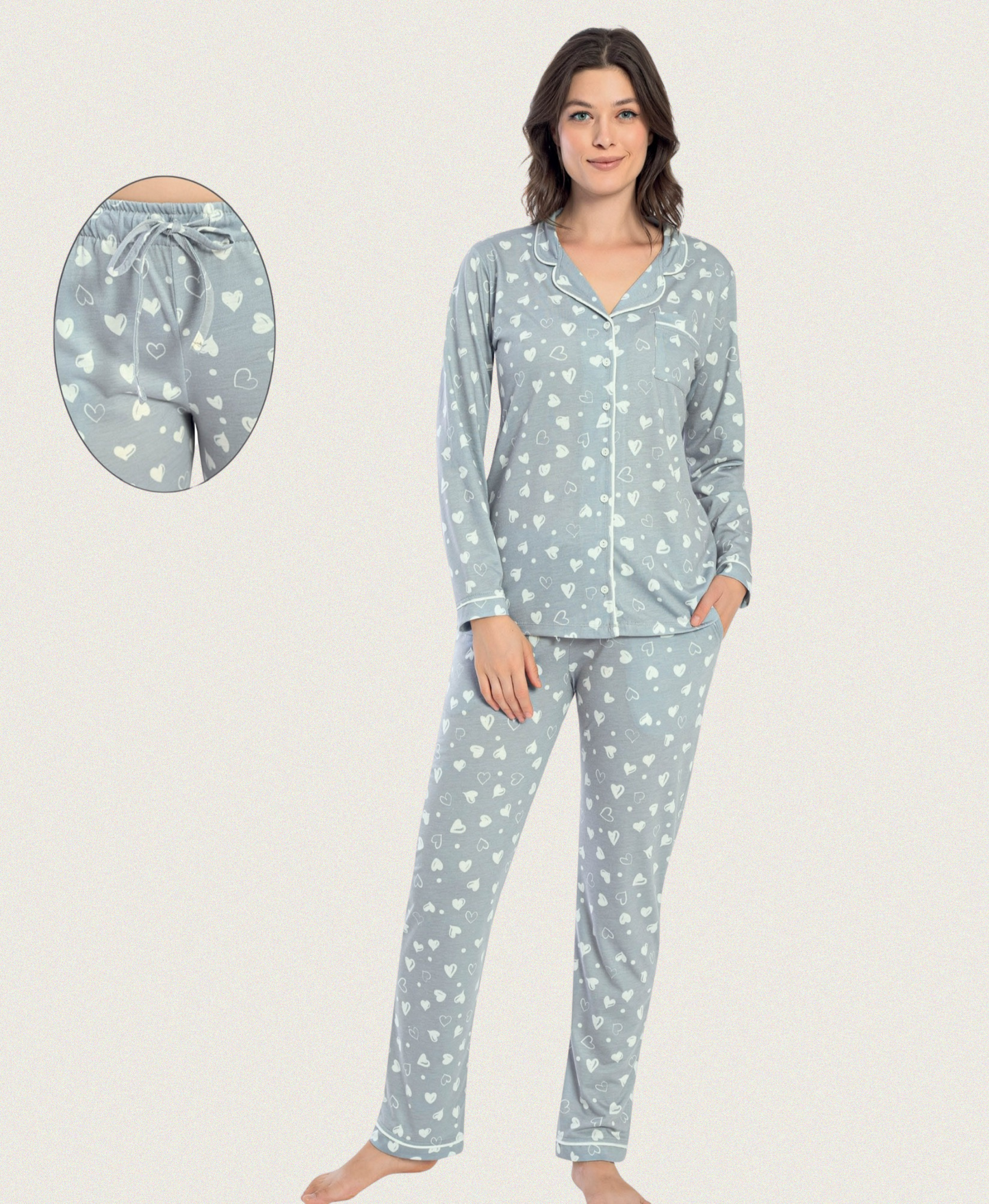 Damen Pyjama Set Grau mit Herzmuster – Langarmshirt und Hose, Baumwolle-Mix