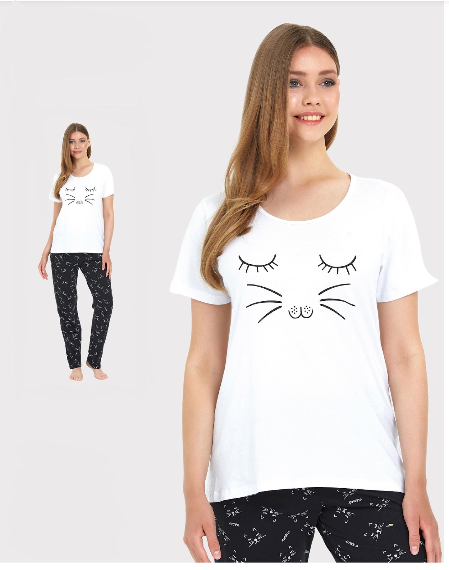 Pyjama für Damen – Katzenmotiv, bequem & stilvoll