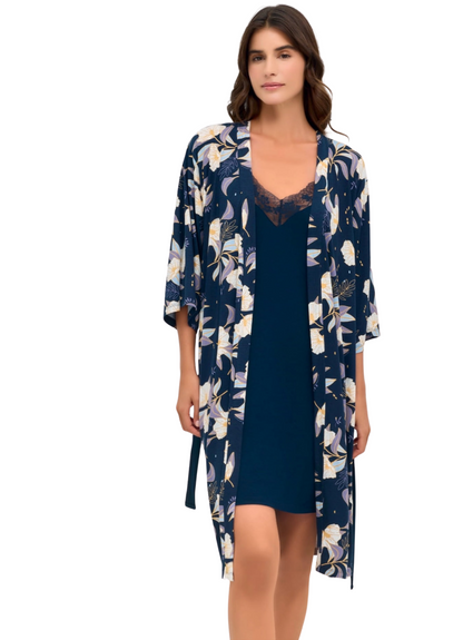 Damen Nachtwäsche Set 2-teilig Morgenmantel mit Blumenmuster +Nachthemd mit Spitze