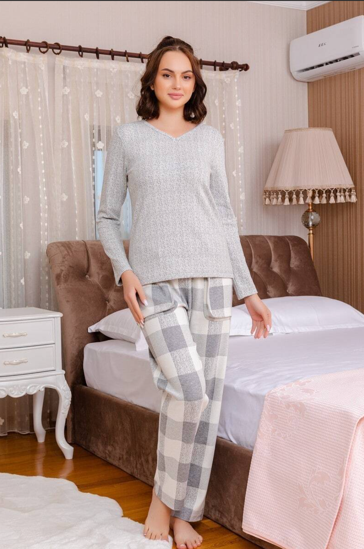 Missendo Damen Pyjama Set – Langarm, kariert (Grey & Mint)