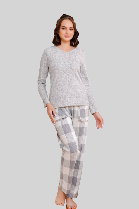Missendo Damen Pyjama Set – Langarm, kariert (Grey & Mint)