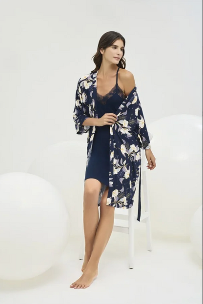 Damen Nachtwäsche Set 2-teilig Morgenmantel mit Blumenmuster +Nachthemd mit Spitze