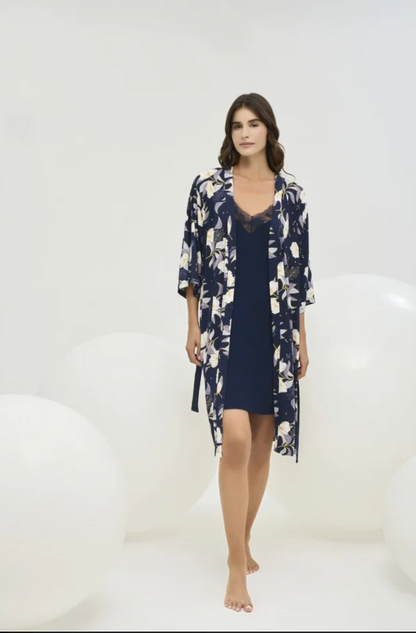 Damen Nachtwäsche Set 2-teilig Morgenmantel mit Blumenmuster +Nachthemd mit Spitze