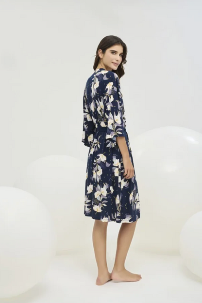 Damen Nachtwäsche Set 2-teilig Morgenmantel mit Blumenmuster +Nachthemd mit Spitze