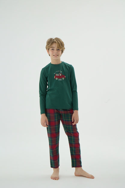 Jungen Weihnachts Pyjama grün mit karierten Hosen