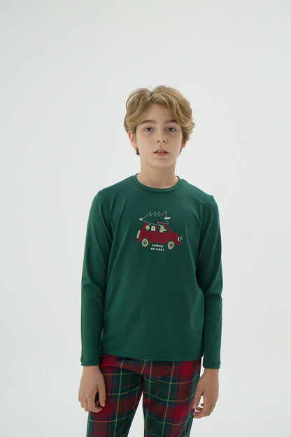 Kinder Schlafanzug Weihnachten – Oberteil grün mit Auto Motiv, Hose kariert