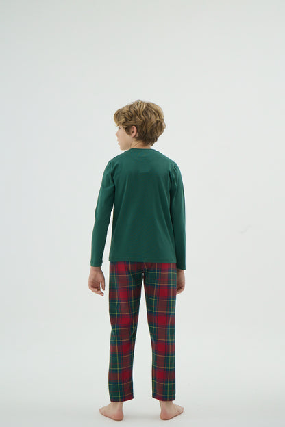 Kinder Weihnachts Pyjama-Set – Grünes Langarmshirt & Karohose