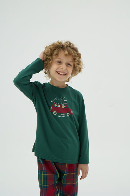 Kinder Weihnachts Pyjama-Set – Grünes Langarmshirt & Karohose