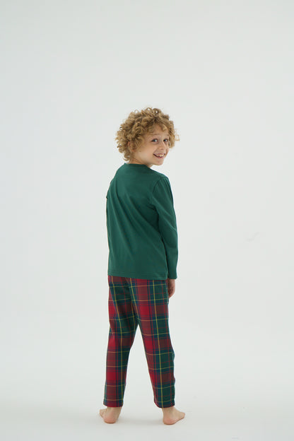 Kinder Weihnachts Pyjama-Set – Grünes Langarmshirt & Karohose