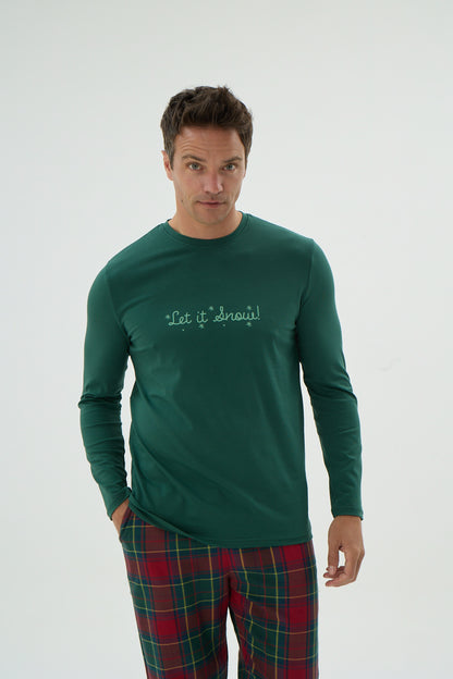 Männer Schlafanzug Baumwolle – Oberteil grün, Hose rot kariert