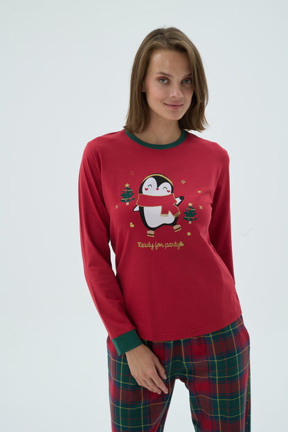 Damen Weihnachts Pyjama rot kariert mit Pinguin Motiv
