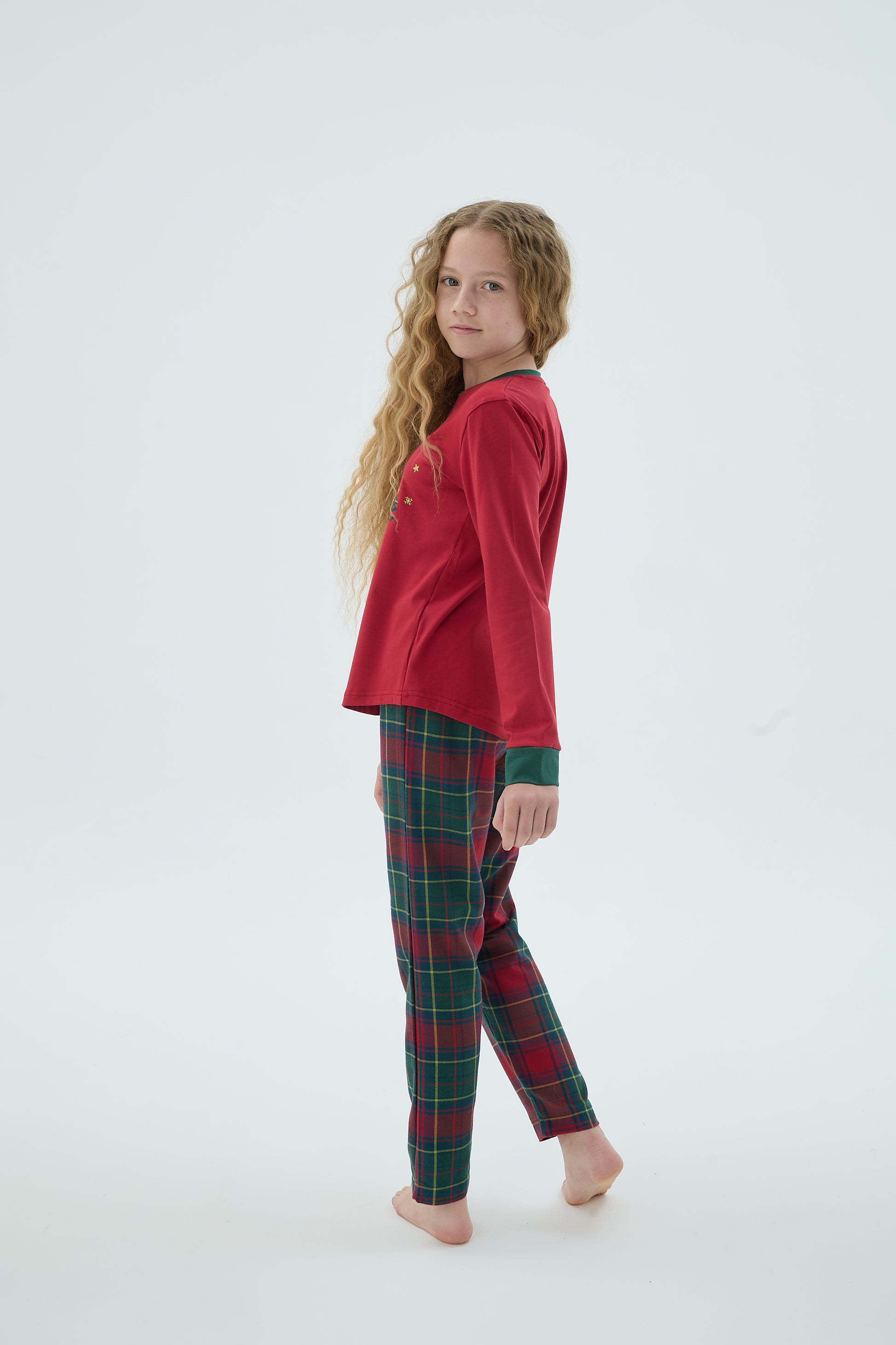 Familien Pyjama Set Weihnachten Kinder – kariert rot-grün