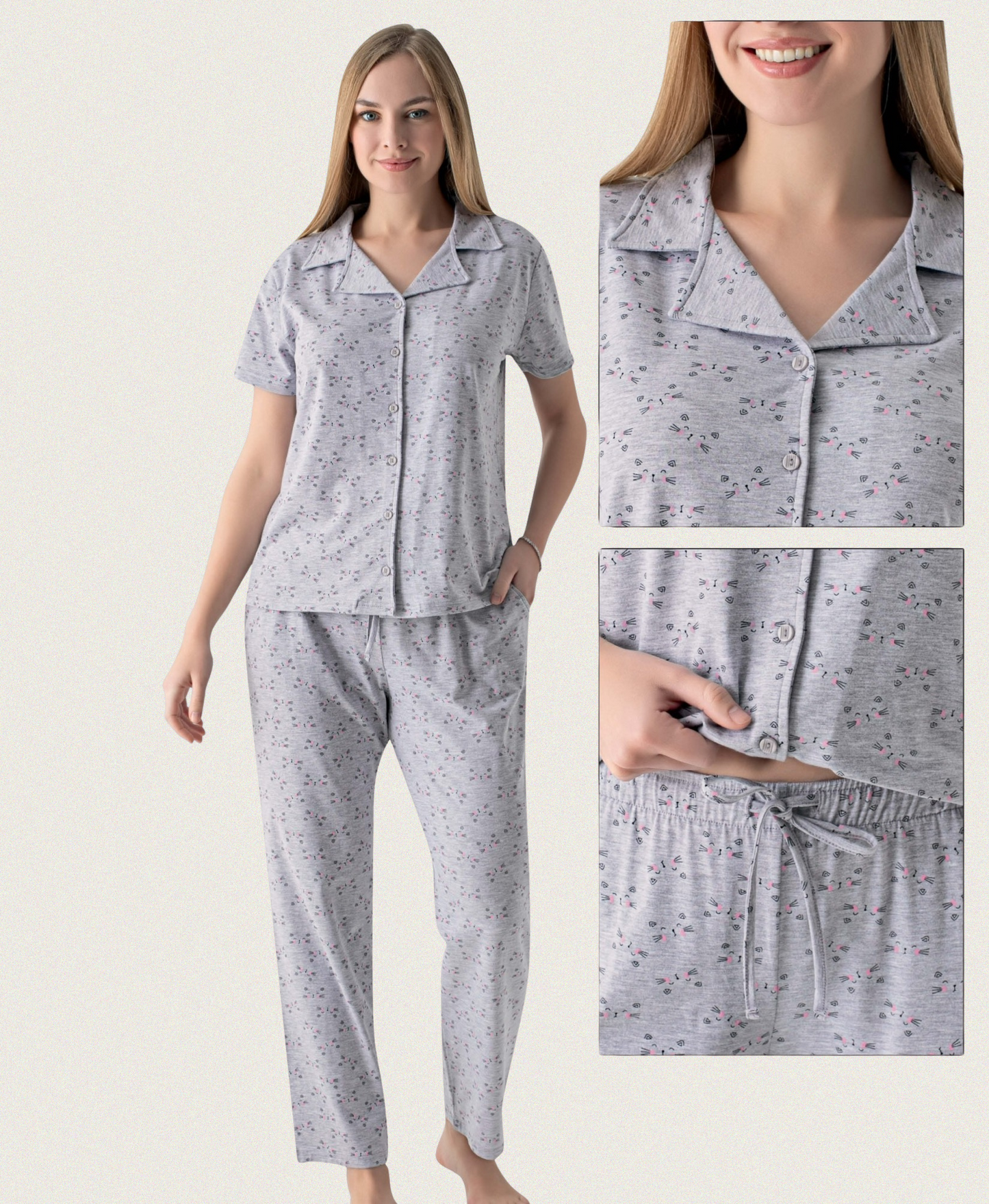 Damen Pyjama Set grau mit Katzen-Print – kurzärmliges Oberteil mit Knopfleiste und lange Hose