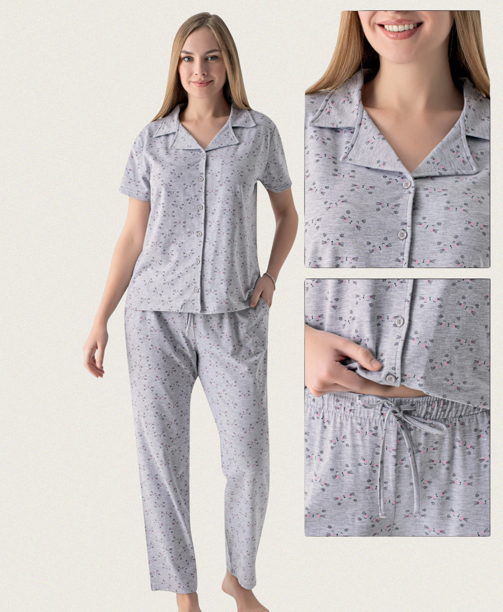Damen Pyjama Set grau mit Katzen-Print – kurzärmliges Oberteil mit Knopfleiste und lange Hose