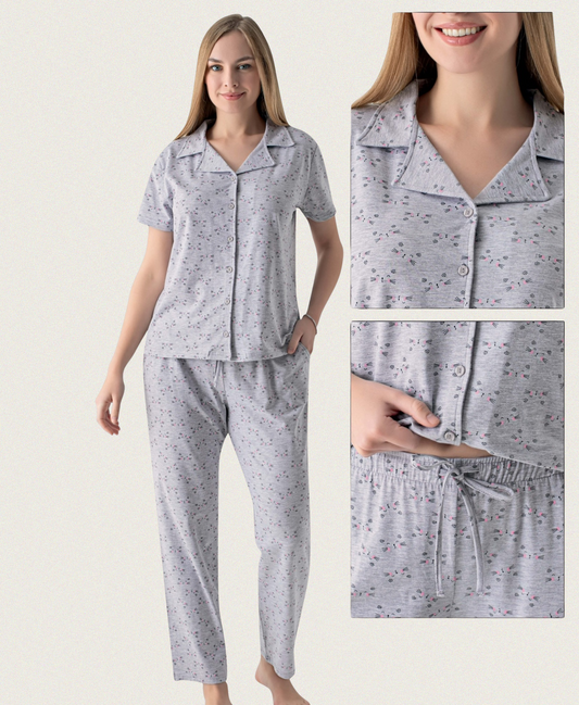 Damen Pyjama Set grau mit Katzen-Print – kurzärmliges Oberteil mit Knopfleiste und lange Hose