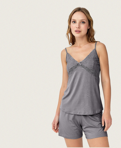 Damen Pyjama Short Set mit Spitze