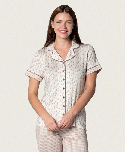 Elegantes Damen Pyjama mit Hose mit Knopfleiste & klassischem Kragen