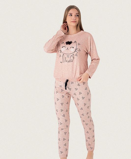 Damen Pyjama mit Katzenmotiv – Micro Polar Warm Touch