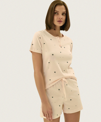 Damen Pyjama mit Short Kurzarm & Shorts, Atmungsaktiv, Sommer Schlafanzug