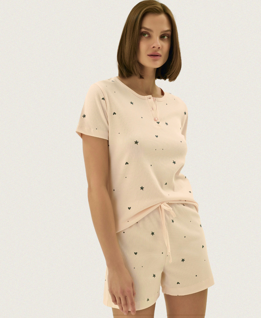 Damen Pyjama mit Short Kurzarm & Shorts, Atmungsaktiv, Sommer Schlafanzug