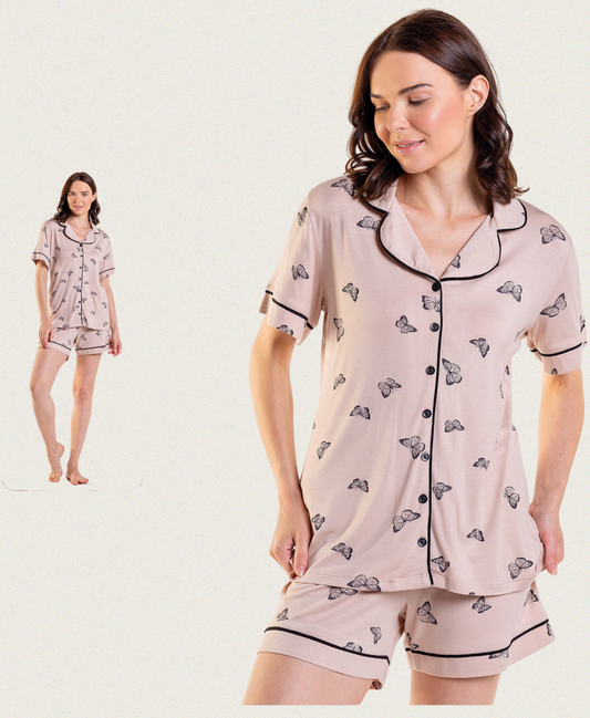 Elegantes Damen Pyjama-Set mit Schmetterlingsmuster