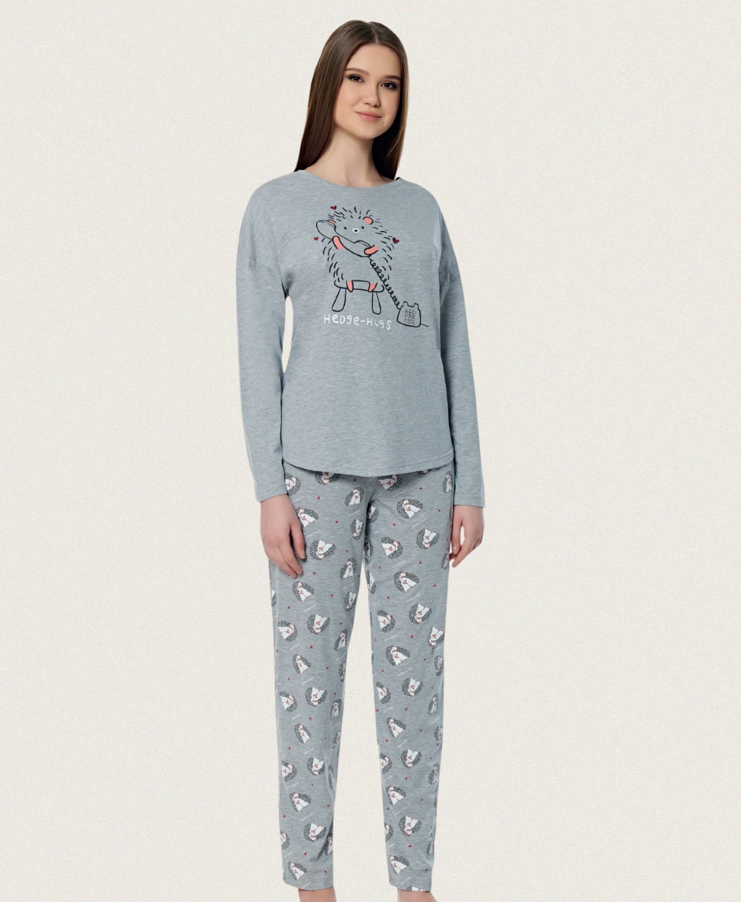 Damen Pyjama „Hedgehugs“ aus Baumwollmix – Grau