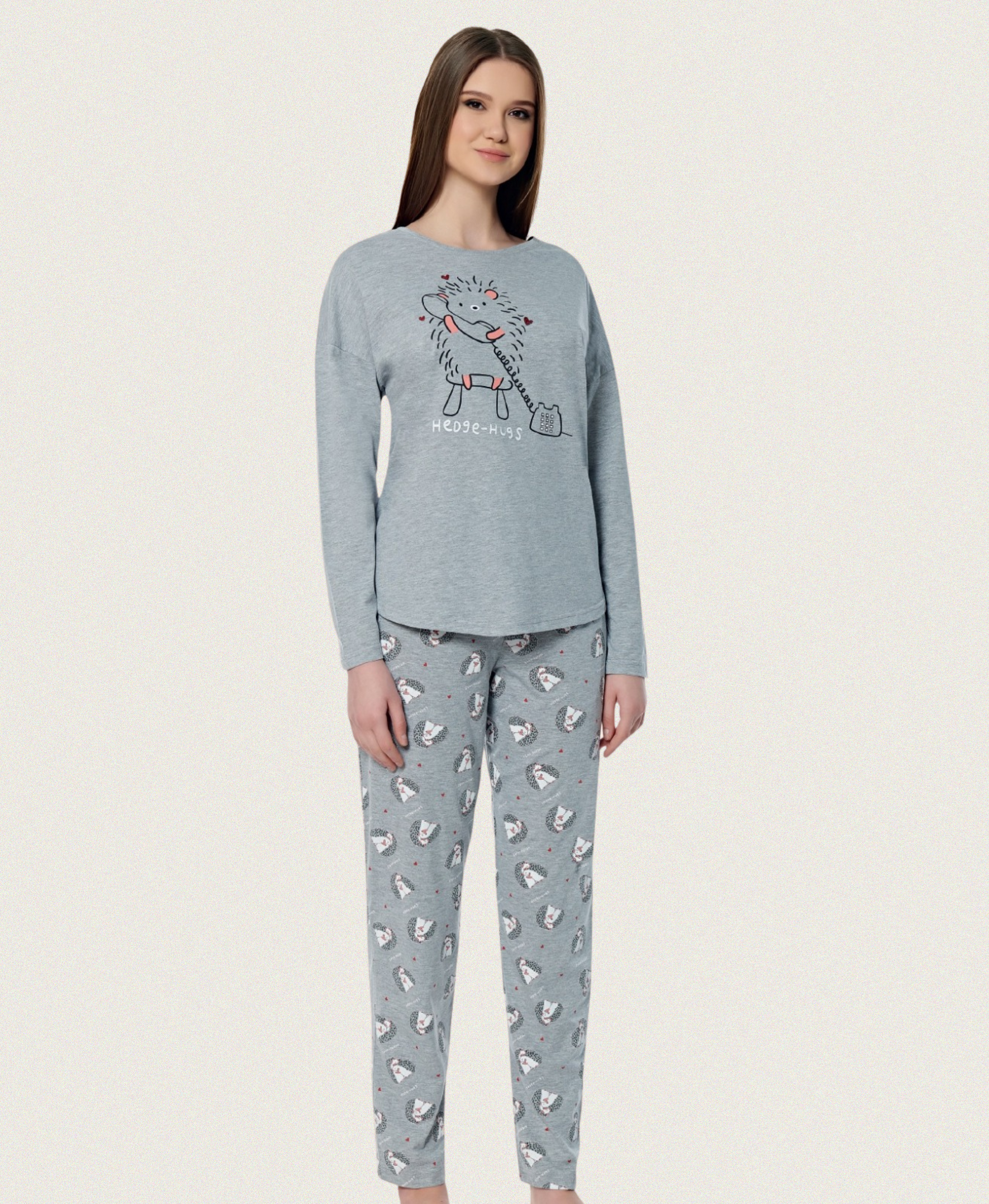 Damen Pyjama „Hedgehugs“ aus Baumwollmix – Grau