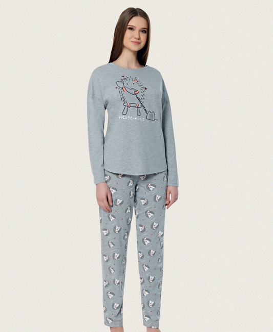 Damen Pyjama „Hedgehugs“ aus Baumwollmix – Grau