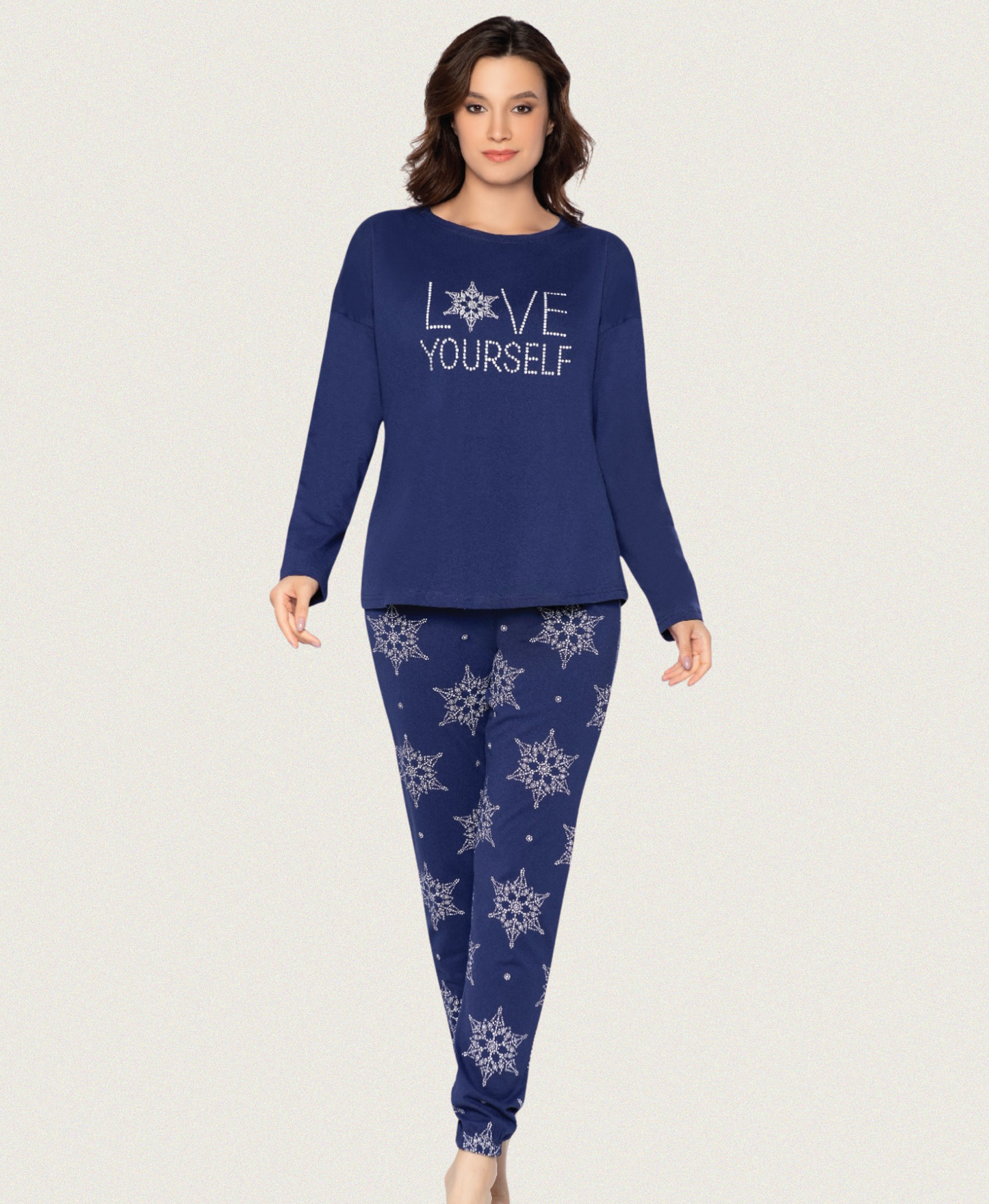 Eleganter Damen Schlafanzug in Dunkelblau – Winter Pyjama aus Baumwolle