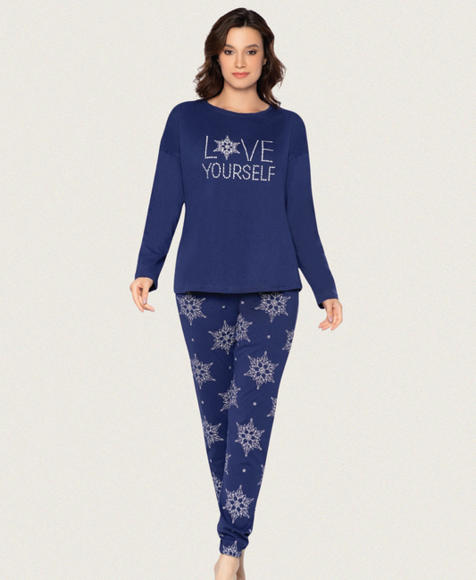 Eleganter Damen Schlafanzug in Dunkelblau – Winter Pyjama aus Baumwolle