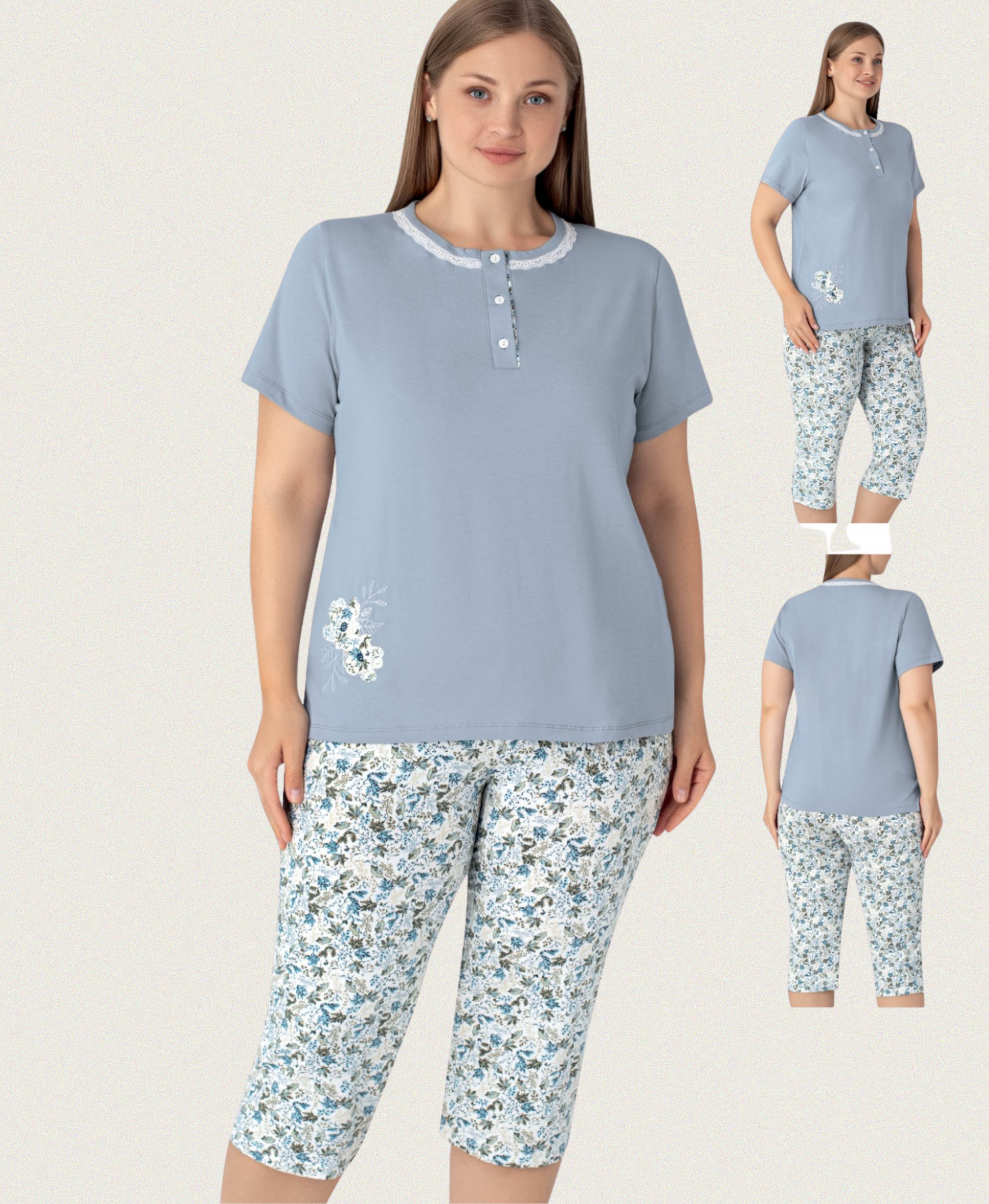Damen Plus Size Sommer-Pyjama in Blau mit Blumendruck