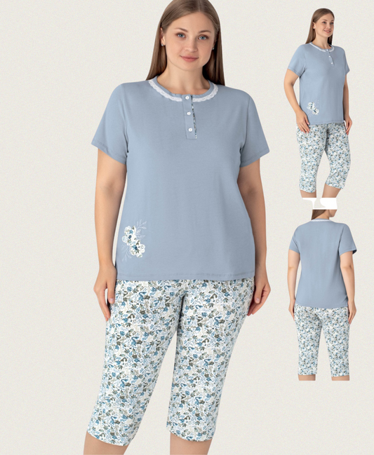 Damen Plus Size Sommer-Pyjama in Blau mit Blumendruck