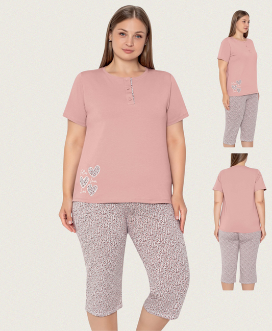 Damen Plus Size Pyjama Rosa mit Caprihose