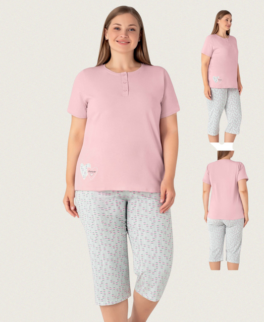 Damen Plus Size Sommer-Pyjama in Rosa mit Caprihose