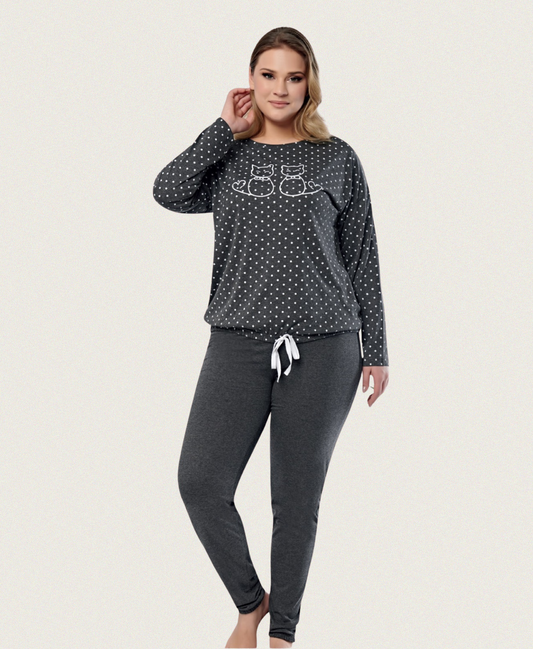 Damen Plus Size Pyjama Dunkelgrau mit Katzenmotiv 
Winter Schlafanzug