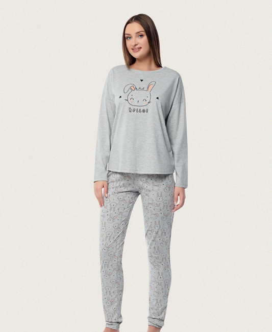Damen Winter Pyjama mit süßem Hasen-Print – Grau