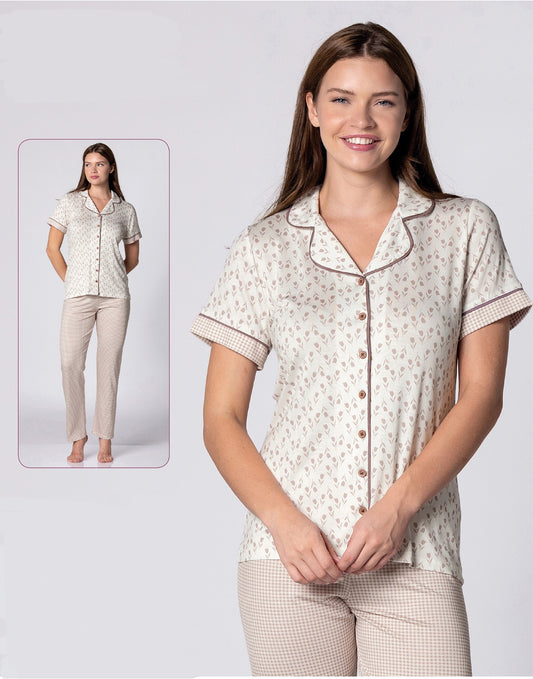 Damen Pyjama mit Hose mit Knopfleiste & klassischem Kragen