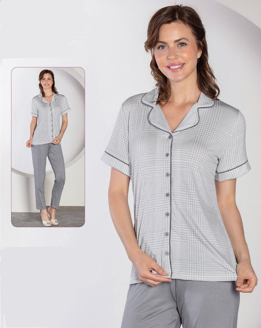 Damen Pyjama-Set mit Knopfleiste & Kragen