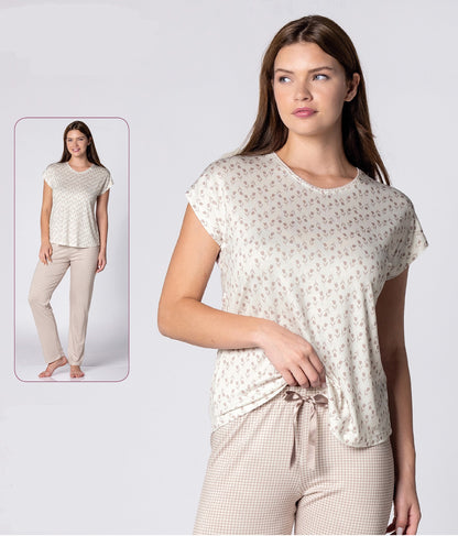 Damen Pyjama mit Hose – Kurzarmshirt & lange Hose