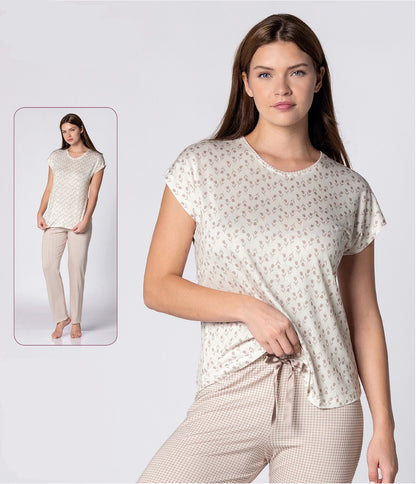Damen Pyjama mit Hose – Kurzarmshirt & lange Hose