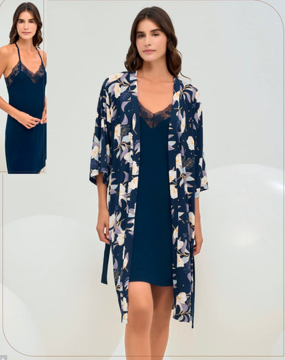 Damen Nachtwäsche Set 2-teilig Morgenmantel mit Blumenmuster +Nachthemd mit Spitze