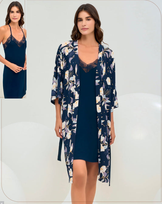 Damen Nachtwäsche Set 2-teilig Morgenmantel mit Blumenmuster +Nachthemd mit Spitze