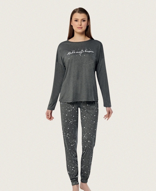 Damen Winter Pyjama in Dunkelgrau mit Sternenmuster